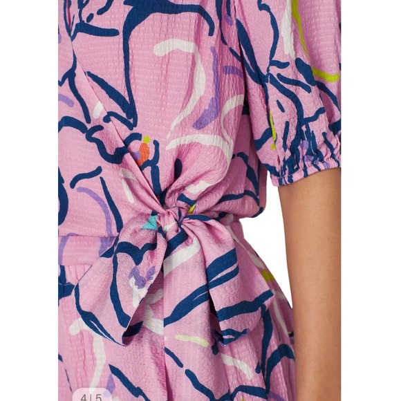 Tanya Taylor Pink Floral Print Wrap Jumpsuit Cropped Sleeve Tie Waist Size 6 - Picture 4 of 14